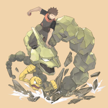 Rule 34 | 1boy, absurdres, alternate color, brock (pokemon), brown background, brown hair, clenched hand, commentary, english commentary, gen 1 pokemon, geodude, hand on animal, highres, hiro (user negm3832), holding, holding poke ball, male focus, nintendo, onix, open mouth, poke ball, pokemon, pokemon (creature), pokemon frlg, shiny pokemon, short hair, short sleeves, simple background