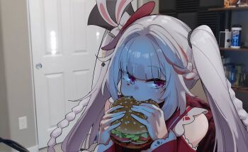 1girl black_hat braid burger commentary detached_sleeves door eating english_commentary facial_mark food frills hat hat_ornament heart heart_facial_mark highres holding holding_burger holding_food honkai:_star_rail honkai_(series) indoors jerma985 jerma985_eating_a_whopper_(meme) long_hair long_sleeves meme mini_hat mini_top_hat photo_background pink_eyes rabbit_hat_ornament red_sailor_collar sailor_collar sifserf solo sparkle_(honkai:_star_rail) sparxie_(honkai:_star_rail) top_hat twin_braids twintails white_hair