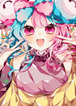 Rule 34 | 1girl, :d, blue hair, border, bow-shaped hair, character hair ornament, grey shirt, hair ornament, halter shirt, halterneck, highres, iono (pokemon), jacket, long hair, long sleeves, looking at viewer, multicolored hair, nintendo, open mouth, orange background, pink eyes, pink hair, pokemon, pokemon sv, shirt, simple background, smile, solo, to camellia, two-tone hair, upper body, white border, yellow jacket