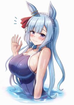 1girl absurdres animal_ears blue_hair blue_one-piece_swimsuit bow breasts commentary_request ear_ribbon highres horse_ears horse_girl large_breasts lio_(maguri) long_hair looking_at_viewer mejiro_ardan_(umamusume) one-piece_swimsuit partially_submerged red_ribbon ribbon school_swimsuit solo swimsuit tracen_swimsuit umamusume upper_body wet wet_clothes wet_swimsuit