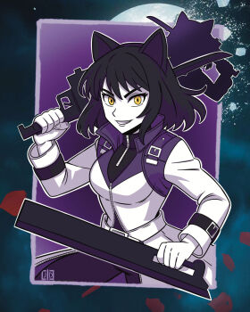 1girl animal_ears black_hair blake_belladonna breasts broken_moon cat_ears cat_girl commentary english_commentary eyelashes fingernails gambol_shroud highres holding holding_weapon jacket jdofasgard jpeg_artifacts long_sleeves moon outline rwby short_hair smile solo teeth v-shaped_eyebrows weapon white_jacket white_outline yellow_eyes zipper