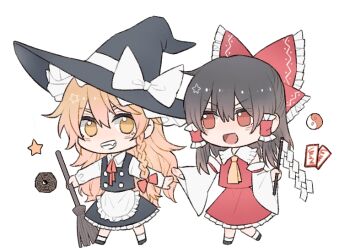 2girls apron ascot black_hat black_skirt black_vest blonde_hair bow braid broom brown_hair chibi chibi_only commentary_request detached_sleeves frilled_bow frilled_hair_tubes frilled_skirt frills gohei grin hair_bow hair_tubes hakurei_reimu hat hat_bow hitte5416 holding holding_broom holding_gohei kirisame_marisa long_hair mini-hakkero multiple_girls ofuda open_mouth orb red_bow red_eyes side_braid single_braid skirt skirt_set smile touhou very_long_hair vest waist_apron white_apron white_bow witch_hat yellow_ascot yellow_eyes yin_yang yin_yang_orb