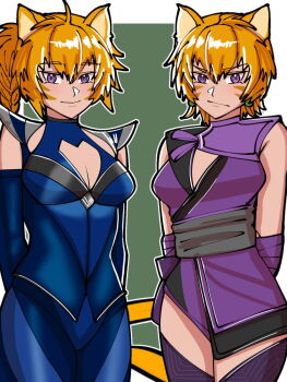 2girls alternate_costume animal_ears armor arms_behind_back blue_bodysuit bodysuit braid breasts cat_ears cat_girl cat_tail cleavage facepaint facial_mark fire_emblem fire_emblem:_path_of_radiance fire_emblem:_radiant_dawn grey_sash highres kitana laguz_(fire_emblem) lethe_(fire_emblem) looking_at_viewer lyre_(fire_emblem) medium_breasts mileena_(mortal_kombat) mnejing30 mortal_kombat_(series) mortal_kombat_11 multiple_girls nintendo orange_hair orange_tail purple_eyes purple_tunic shoulder_armor siblings sisters standing tail thighhighs tunic twins whisker_markings zettai_ryouiki