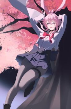 Rule 34 | 1girl, animal ears, black pantyhose, black shoes, black skirt, bow, bowtie, breasts, cherry blossoms, evanescia (honkai: star rail), fox ears, fox girl, honkai: star rail, honkai (series), i a n, large breasts, looking at viewer, medium hair, open mouth, pantyhose, pink hair, purple eyes, red bow, red bowtie, shirt, shoes, skirt, solo, thigh strap, tree, white shirt