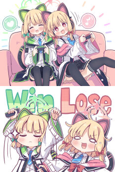 2girls ^_^ absurdres animal_ear_headphones animal_ears arms_up blonde_hair blue_archive blue_necktie bow cat_ear_headphones cat_ears closed_eyes closed_mouth controller couch fake_animal_ears game_controller green_bow green_halo hair_bow halo headphones heart highres holding holding_controller holding_game_controller jacket joy-con layered_sleeves long_sleeves midori_(blue_archive) momoi_(blue_archive) multiple_girls musical_note necktie o_o on_couch pink_halo playing_games raised_fists red_bow red_eyes shirt short_hair siblings sisters sitting spoken_heart spoken_musical_note takahero twins white_jacket white_shirt wide_sleeves