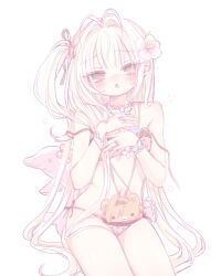 1girl bikini blonde_hair blush breasts dolphin flower gyaru hair_flower hair_ornament hibiscus highres jewelry long_hair looking_at_viewer mipi_(u3u_00) navel necklace original petite side_ponytail simple_background sitting small_breasts solo swimsuit very_long_hair white_background