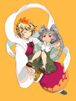 Rule 34 | 2girls, animal ears, black footwear, black hair, black neckwear, blonde hair, bloomers, blouse, blue capelet, brown footwear, capelet, closed eyes, daitai konna kanji, dress, full body, grey hair, hagoromo, hair ornament, hands up, jewelry, loafers, long sleeves, mouse ears, mouse tail, multiple girls, nazrin, outstretched arms, pendant, red dress, red eyes, shawl, shirt, shoes, short hair, simple background, smile, socks, tail, thick eyebrows, tiger stripes, toramaru shou, touhou, underwear, white legwear, white shirt, wide sleeves, yellow background