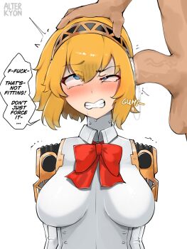 1boy 1girl aigis_(persona) alterkyon android artificial_vagina artist_name blonde_hair blue_eyes blush breasts ear_sex english_text hair_between_eyes highres large_breasts penis persona persona_3 red_ribbon ribbon robophilia robot robot_girl rolling_eyes sex_toy short_hair speech_bubble tearing_up testicles uncensored