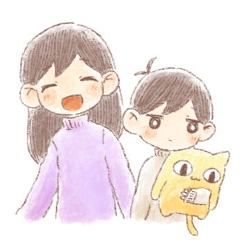 1boy 1girl antenna_hair big_yellow_cat_(omori) black_eyes blush bright_pupils brother_and_sister brown_sweater character_doll closed_mouth doll double-parted_bangs holding holding_stuffed_toy long_hair long_sleeves lowres mari_(faraway)_(omori) mari_(omori) omori open_mouth purple_sweater short_hair siblings simple_background smile stuffed_animal stuffed_cat stuffed_toy sun_iiinu sunny_(omori) sweater white_background white_pupils