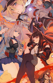 6+girls :d akagi_(azur_lane) amagi_(azur_lane) amagi_(cv)_(azur_lane) animal_ears azur_lane bare_legs bismarck_(azur_lane) black_dress black_gloves black_hair black_kimono blonde_hair blue_eyes blue_hair blue_skirt breasts brown_hair cleavage cleavage_cutout clothing_cutout coat crossed_legs dress expressionless eyeshadow fox_ears fox_girl fox_mask fox_shadow_puppet fox_tail friedrich_der_grosse_(azur_lane) from_below frown gloves graf_zeppelin_(azur_lane) hair_ornament hairclip hand_up hands_up highres hip_focus holding holding_mask horns japanese_clothes kaga_(azur_lane) kimono kitsune large_breasts long_hair looking_at_viewer looking_back looking_down makeup mask medium_breasts medium_hair miniskirt multicolored_hair multiple_girls multiple_tails open_mouth orange_eyes pleated_skirt prinz_eugen_(azur_lane) purple_eyes reaching reaching_towards_viewer red_eyes red_eyeshadow red_hair red_skirt sakura_empire_(emblem) shika_(shika0) sitting skirt slit_pupils smile streaked_hair tail thighhighs thighs tirpitz_(azur_lane) two-tone_hair very_long_hair white_coat white_hair white_kimono wristband