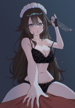 1girl absurdres black_background black_bra black_panties bra breasts brown_hair cleavage commentary_request frilled_hairband frills green_eyes hair_between_eyes hairband hand_up highres holding holding_knife jinggun knife korean_commentary long_hair looking_at_viewer navel open_mouth original panties simple_background sitting sleeveless solo strap_slip underwear underwear_only