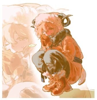 1girl animal_pin blonde_hair brown_coat brown_gloves coat commentary don_quixote_(project_moon) full_body fur_hood gloves goat_horns goat_tail heishou_pack-wei_branch_(identity)_(project_moon) highres horns kampuzu limbus_company looking_at_viewer project_moon simple_background solo squatting sweatdrop tail white_background yellow_eyes zoom_layer