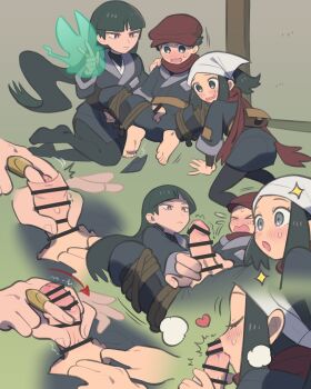 &gt;_&lt; 1boy 2girls absurdres akari_(pokemon) bar_censor black_eyes black_hair blush brown_eyes censored closed_eyes commentary_request commission fellatio ffm_threesome galaxy_expedition_team_survey_corps_uniform group_sex handjob headscarf highres kinni loli long_hair looking_at_penis multiple_girls nintendo oral penis pixiv_commission pokemon pokemon_legends:_arceus ponytail rei_(pokemon) restrained sabrina_(pokemon) short_hair shota threesome