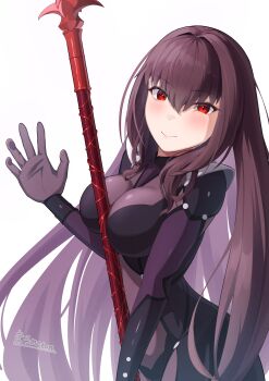 Rule 34 | 1girl, absurdres, armor, blush, bodysuit, breasts, commentary request, covered navel, fate/grand order, fate (series), gae bolg (fate), highres, large breasts, long hair, looking at viewer, meron (mblalula), pauldrons, polearm, purple bodysuit, purple hair, red eyes, scathach (fate), scathach (lancer) (fate), shoulder armor, smile, solo, spear, weapon