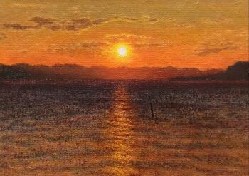 cloud commentary_request dated_commentary evening keisirou landscape no_humans orange_sky orange_theme original outdoors painting_(medium) scenery sky sun sunset traditional_media