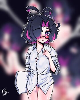 1girl ahoge blurry blurry_background blush censored flat_chest frasenu glasses looking_at_viewer panties pillow purple_eyes purple_hair shirt short_hair striped_clothes striped_panties t-shirt thighs underwear wavy_hair yumemiko_mirai