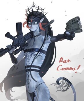 1girl absurdres alien alternate_hairstyle assault_rifle avatar:_fire_and_ash black_loincloth bodypaint colored_skin commentary english_commentary facepaint fewer_digits glowing glowing_eyes grey_skin gun handgun highres holding holding_gun holding_weapon james_cameron's_avatar jui_(dirtybigrat) long_hair m4_carbine multiple_weapons na'vi pointy_ears rifle striped_skin tall_female tattoo tribal_tattoo varang war_paint weapon white_background white_eyes