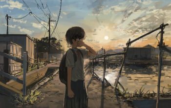 1girl absurdres anko1127 backlighting backpack bag blue_sky bright_pupils brown_hair clenched_hand cloud cloudy_sky commentary_request cowboy_shot dress_shirt evening fence from_side glaring gradient_sky hand_up highres looking_at_viewer looking_to_the_side mountainous_horizon neck_ribbon orange_sky original outdoors path pleated_skirt power_lines red_ribbon ribbon rice_paddy road scenery school_uniform shack shirt shirt_tucked_in short_hair short_sleeves skirt sky solo sun tears town utility_pole v-shaped_eyebrows white_pupils wiping_tears