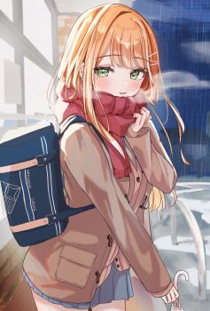 1girl bag blue_bag blue_skirt blunt_bangs blush breath brown_coat coat cowboy_shot enpera gakuen_idolmaster green_eyes hair_ornament hairclip highres idolmaster long_hair long_sleeves looking_at_viewer maruno_zzz mole mole_under_eye night orange_hair outdoors parted_lips pleated_skirt railing rain red_scarf scarf school_bag school_uniform shiun_sumika skirt smile solo umbrella