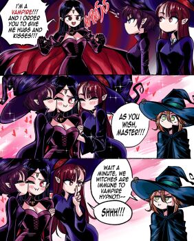 Rule 34 | 4girls, blush, breasts, cape, cleavage, commentary, english commentary, english text, fangs, fangs out, finger to mouth, girl sandwich, grs-, harem, hat, heart, highres, kiss, kissing cheek, medium breasts, multiple girls, original, pointy ears, sandwiched, shushing, sparkle, speech bubble, vampire, witch, witch hat, yuri