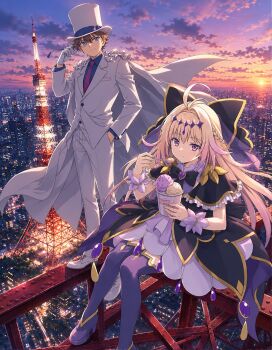 1boy 1girl antenna_hair black_bow black_capelet black_dress blonde_hair blue_eyes blue_shirt bow brooch brown_hair building cape capelet city cloud cloudy_sky commentary_request cure_arcana_shadow diamond_hairband dress food formal_clothes frilled_capelet frilled_cuffs frills gloves gradient_hair hair_intakes hat heart heart_brooch highres holding holding_spoon ice_cream jacket jewelry kaitou_kid long_hair looking_at_viewer magic_kaito magical_girl meitantei_conan meitantei_precure! monocle monocle_chain moria_luluka multicolored_hair multiple_scoops necktie orange_sky outdoors precure purple_veil purple_wrist_cuffs red_necktie shirt short_hair sitting sky skyscraper smile spoon standing suit sunset tokyo_tower top_hat veil very_long_hair white_cape white_gloves white_hat white_suit wrist_cuffs yamamoto_kazue