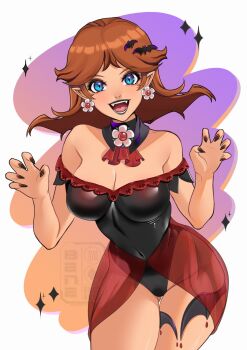 1girl alternate_costume ascot bare_shoulders bat_hair_ornament beneceadraws black_leotard black_lips black_nails blue_eyes breasts brown_hair claw_pose cleavage covered_navel detached_sleeves earrings fangs flower_earrings gluteal_fold hair_ornament halloween halloween_costume highres jewelry large_breasts leotard long_hair looking_at_viewer mario_(series) nintendo open_mouth pointy_ears princess_daisy red_ascot smile solo teeth thighhighs vampire vampire_costume