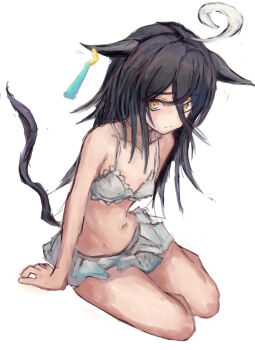 1girl ahoge animal_ears bare_shoulders bikini black_hair breasts closed_mouth collarbone ear_tag earrings hair_between_eyes horse_ears horse_girl horse_tail jewelry long_bangs long_hair long_hair_between_eyes looking_at_viewer manhattan_cafe_(umamusume) multicolored_hair navel simple_background single_earring sitting small_breasts solo stomach swimsuit tail umamusume white_background white_bikini white_hair yanagi_wakana yellow_eyes yokozuwari