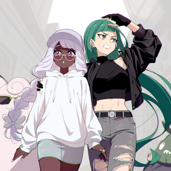 2girls 7dango7 black_jacket blush breasts clefairy commentary_request dark-skinned_female dark_skin gen_1_pokemon gen_5_pokemon green_hair grey_eyes highres jacinthe_(pokemon) jacket large_breasts lebanne_(pokemon) long_hair long_sleeves medium_breasts midriff multiple_girls navel nintendo open_mouth pokemon pokemon_(creature) pokemon_legends:_z-a purple_eyes sweater trubbish white_hair white_sweater