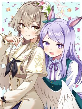 Rule 34 | 2girls, :d, angel wings, animal ears, aqua bow, black bow, black neckerchief, blue archive, blush, bow, bowtie, brown eyes, brown hair, buttons, capelet, collar, commentary request, crossover, dress, ear bow, feathered wings, flower, frilled collar, frills, gesupi (provlemsolver57), green dress, hair flower, hair ornament, halo, head on another's shoulder, highres, horse ears, horse girl, horse tail, long hair, long sleeves, low wings, mejiro mcqueen (casual) (umamusume), mejiro mcqueen (umamusume), multiple girls, nagisa (blue archive), neckerchief, official alternate costume, ojou-sama pose, open mouth, patterned background, pinafore dress, pink halo, purple bow, purple bowtie, purple eyes, purple hair, shirt, shrug (clothing), sleeveless, sleeveless dress, smile, split mouth, tail, trinity general school logo, umamusume, upper body, white background, white capelet, white dress, white shirt, white shrug, white wings, wings