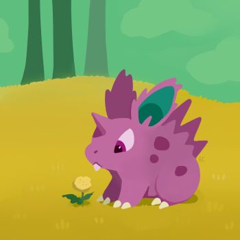 claws commentary dandelion english_commentary field flower gen_1_pokemon grass highres horns looking_at_flowers nidoran nidoran_(male) nintendo outdoors pokemon pokemon_(creature) pokemon_focus purple_eyes rumwik single_horn sky teeth tree yellow_flower