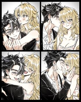 1boy 1girl arm_around_neck bare_shoulders black_hair blonde_hair blue_eyes blush bright_pupils chimoart closed_eyes collared_shirt commentary drill_hair earrings english_commentary facial_scar genshin_impact grey_hair highres jewelry kiss kissing_cheek multicolored_hair multiple_earrings multiple_rings navia_(genshin_impact) partially_unbuttoned ring scar scar_on_cheek scar_on_face shirt silver_nails smile streaked_hair white_pupils white_shirt wriothesley_(genshin_impact)