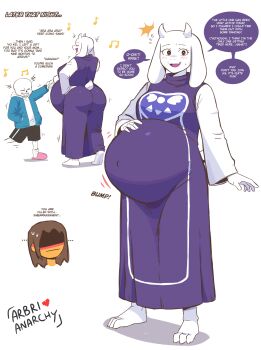 1girl absurdres animal_ears arbrianarchy belly big_belly deltarune english_text fetal_movement furry furry_female goat_ears goat_girl goat_horns goat_tail hand_on_own_hip hand_on_own_stomach highres horns kris_(deltarune) musical_note navel outie_navel pregnant sans_(undertale) speech_bubble tail toriel undertale utdr_(toby_fox)
