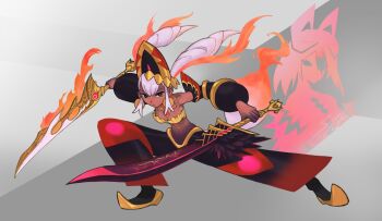 1girl alternate_costume armpits artist_name braid breasts cleavage crossover dancer dark-skinned_female dark_skin dual_wielding earrings emblem fire fire_emblem fire_emblem_heroes gold highres holding holding_sword holding_weapon jewelry laevatein_(fire_emblem) multiple_swords myrmidon_(fire_emblem) navel necklace nintendo pants purple_hair red_eyes shutwig small_breasts solo stomach sword twin_braids weapon