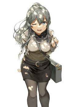 Rule 34 | 1girl, bag, belt, black skirt, blue eyes, blue hair, breasts, gotland (kancolle), hair between eyes, highres, ibuki (abuki), kantai collection, large breasts, light smile, looking at viewer, mole, mole under eye, official alternate costume, one eye closed, pantyhose, shoulder bag, simple background, skirt, smile, solo, white background
