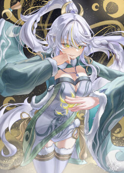 1girl breasts brown_background chinese_clothes cleavage closed_mouth commentary_request cowboy_shot dress earrings floating_hair frown fur_trim genshin_impact grey_hair hand_up highres jewelry large_breasts long_hair long_sleeves looking_at_viewer morocha1130 necklace ponytail single_earring solo thighhighs very_long_hair wide_sleeves yellow_eyes zibai_(genshin_impact)