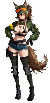 absurdres animal_ears armband belt black_boots black_bra black_choker boots bra breasts brown_eyes brown_hair cadpat callisto_(greyeth) choker denim denim_shorts dog_tags fox_ears fox_girl fox_tail gloves goggles goggles_on_headwear gun handgun hands_on_own_hips hat highres holster knee_pads large_breasts lars_artbro leaf maple_leaf multicolored_hair navel_piercing original piercing ribbon shorts smile streaked_hair tail thigh_holster thighhighs underwear weapon yellow_armband