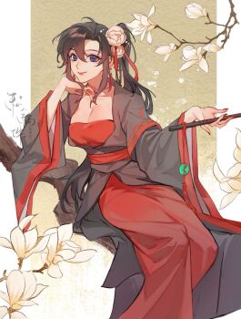 1girl ahoge alternate_hairstyle artist_request black_hair black_hanfu branch breasts brown_hair chinese_clothes cleavage collarbone commission dizi dress earrings eyelashes eyeshadow fingernails flower flute flute_tassel genderswap genderswap_(mtf) hair_flower hair_ornament hair_ribbon hands_up hanfu highres holding holding_flute holding_instrument in_tree instrument jade_(gemstone) jewelry large_breasts long_hair long_sleeves looking_at_viewer makeup modao_zushi nail_polish pink_flower playing_with_own_hair ponytail purple_eyes qixiong_ruqun red_dress red_eyeshadow red_lips red_nails red_ribbon red_sash ribbon sash second-party_source sharp_fingernails side_ponytail sidelocks sitting sitting_in_tree smile solo tassel tassel_earrings tassel_hair_ornament transverse_flute tree watermark wei_wuxian white_flower wide_sleeves