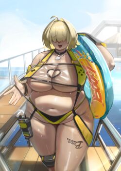 1girl ahoge alterxsu belly black_choker blonde_hair boat body_writing breasts choker cleavage cleavage_cutout clothing_cutout covered_eyes elegg_(boom_and_shock)_(nikke) elegg_(nikke) fang fat fat_woman goddess_of_victory:_nikke hair_intakes hair_over_eyes heart_cutout highres holding holding_swim_ring huge_breasts innertube navel open_mouth outdoors pendant_choker plump rabbit_ornament short_hair skindentation sky slingshot_swimsuit slingshot_swimsuit_pull solo standing swim_ring swimsuit thigh_strap walkie-talkie watercraft wet wide_hips wristband yellow_slingshot_swimsuit