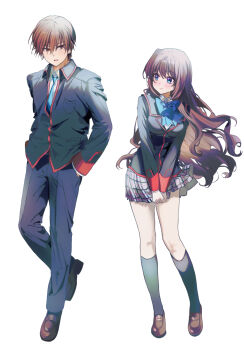 1boy 1girl a-chan_(little_busters!) black_jacket black_pants black_socks blue_bow blue_bowtie blue_eyes blue_necktie blush bow bowtie breasts brown_eyes brown_hair brown_shoes clenched_hands closed_mouth collared_shirt commentary_request eyelashes eyes_visible_through_hair floating_hair full_body grey_skirt hair_between_eyes hands_in_pockets highres jacket kneehighs large_breasts little_busters! loafers long_hair long_sleeves looking_at_another looking_at_viewer miiizuno_lbs miniskirt natsume_kyousuke necktie open_mouth own_hands_together pants plaid_clothes plaid_skirt pleated_skirt shirt shoes short_hair side-by-side sidelocks simple_background skirt smile socks standing standing_on_one_leg tsurime v_arms very_long_hair white_background white_shirt