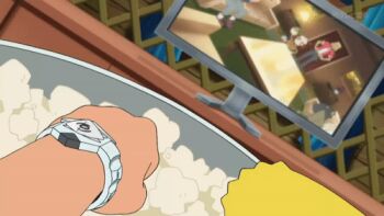 animated animated_gif ash_ketchum bird dog eating food gen_1_pokemon gen_7_pokemon lowres nintendo owl pikachu pokemon pokemon_(anime) pokemon_(creature) pokemon_sm_(anime) popcorn rockruff rowlet television