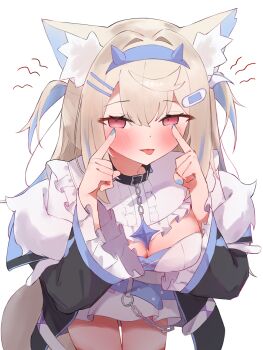 1girl absurdres animal_ears bandaid bandaid_hair_ornament belt_collar black_collar black_jacket blonde_hair blue_nails blue_streaks breasts cleavage collar commentary_request dog_ears dog_girl dog_tail dress fur-trimmed_jacket fur_trim fuwawa_abyssgard fuwawa_abyssgard_(1st_costume) hair_ornament highres hololive hololive_english jacket large_breasts long_hair looking_at_viewer multicolored_hair nail_polish red_eyes smile solo spiked_collar spikes streaked_hair tail tepenchi tongue tongue_out two_side_up very_long_hair virtual_youtuber white_dress