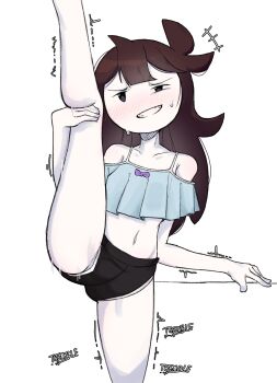 1girl black_eyes black_shorts brown_hair commentary crop_top crosshatching english_commentary grin half-closed_eye hatching_(texture) highres jaiden_animations long_hair original short_shorts shorts smile solo split standing standing_on_one_leg standing_split sweatdrop trembling zlix0n