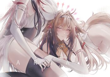 2girls a_r_i_a absurdres animal_ears arched_back armlet artist_name bare_shoulders black_hair black_thighhighs blush breasts brown_hair china_dress chinese_clothes closed_mouth clover clover_hair_ornament commentary dress droopy_ears dual_persona english_commentary fox_ears fox_girl fox_tail from_side hair_intakes hair_ornament hairband half-closed_eyes highres holding_hands jewelry large_breasts light_smile long_hair looking_at_viewer lying multicolored_hair multiple_girls on_stomach red_eyes red_hair see-through_clothes silver_armlet tail thighhighs transformation v-shaped_eyebrows very_long_hair white_background white_hairband ye_shunguang zenless_zone_zero