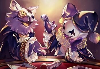 2others :d artist_name black_robe button_eyes buttons card chess_piece claws colored_skin deltarune fangs frills fur hat hood hood_down jester_cap jevil maa_tc multiple_others open_mouth pawn_(chess) playing_card robe scar seam_(deltarune) smile stitches upper_body utdr_(toby_fox) white_skin wide_sleeves