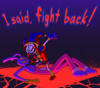 1boy 1girl absurdres animal_ears asymmetrical_gloves blue_gloves blue_hat colored_sclera colored_teeth commentary english_text furry furry_male gloves gosty_3 hashtag-only_commentary hat highres jax_(the_amazing_digital_circus) jester_cap mismatched_gloves open_mouth overalls pink_overalls pomni_(the_amazing_digital_circus) rabbit_boy rabbit_ears red_gloves red_hat screaming the_amazing_digital_circus two-tone_hat yellow_gloves yellow_sclera yellow_teeth