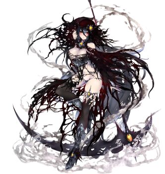 1girl armored_boots black_boots black_cape black_hair black_veil blush bodice boots breasts brooch cape cleavage commentary_request crossed_bangs dust frofrofrost gauntlets hair_ornament highres holding holding_scythe jewelry large_breasts long_hair looking_at_viewer maebari miasma monster_hunter:_world monster_hunter_(series) navel pale_skin parted_lips personification red_eyes scythe simple_background solo thighhighs torn_clothes vaal_hazak veil very_long_hair white_background