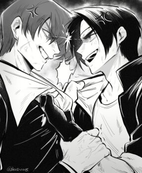 Rule 34 | 2boys, anger vein, beiqi0405, bruise, bruise on face, clothes grab, collared jacket, commentary request, crew neck, eye contact, fingerless gloves, from side, gloves, grin, hand on another's wrist, headband, highres, injury, jacket, kusanagi kyou, layered sleeves, lightning glare, long sleeves, looking at another, male focus, multiple boys, open clothes, open jacket, parted bangs, popped collar, shirt grab, smile, teeth, the king of fighters, twitter username, upper body, upper teeth only, veins, veiny hands, yagami iori