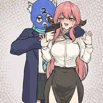 2girls animal_ear_fluff animal_ears aqua_scarf arm_around_neck arm_around_shoulder aru_(blue_archive) at_gunpoint balaclava black_skirt blue_archive blue_coat blue_eyes blue_scarf breasts brown_horns buttons captured chroong coat crying crying_with_eyes_open demon_horns dress_shirt finger_on_trigger gun gun_to_head hair_between_eyes handgun hands_up high-waist_skirt highres holding holding_gun holding_weapon horns hostage large_breasts long_hair long_sleeves looking_at_viewer multiple_girls nervous_sweating office_lady open_mouth pencil_skirt pink_hair scared scarf shiroko_(blue_archive) shirt side_slit skirt streaming_tears sweat teardrop tears threat weapon white_shirt wolf_ears yellow_eyes