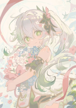1girl absurdres bare_shoulders bloomers blue_flower bouquet closed_mouth commentary detached_sleeves dress english_commentary flower from_side genshin_impact gold_trim gradient_hair green_eyes green_hair green_sleeves hair_between_eyes hair_ornament highres holding holding_bouquet leaf_hair_ornament long_hair looking_at_viewer multicolored_hair nahida_(genshin_impact) pointy_ears red_flower renian side_ponytail sleeveless sleeveless_dress smile solo star-shaped_pupils star_(symbol) symbol-shaped_pupils underwear white_bloomers white_dress white_flower white_hair