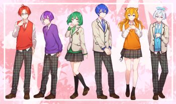 Rule 34 | 2girls, 4boys, animal ear fluff, animal ear piercing, animal ears, antenna hair, arms behind back, black pants, black skirt, black socks, blonde streaks, blue eyes, blue hair, blue halo, blue necktie, blue sweater, brown jacket, brown shoes, buttons, cat ears, cat girl, character request, closed mouth, collared shirt, commentary request, copyright request, double-parted bangs, full body, green hair, green necktie, grey hair, hair between eyes, halo, hand up, hands on own chest, heterochromia, highres, jacket, loafers, long hair, long sleeves, looking at viewer, multicolored hair, multiple boys, multiple girls, necktie, open clothes, open jacket, orange hair, orange sweater vest, pants, pink background, pleated skirt, purple eyes, purple hair, purple necktie, purple sweater, red eyes, red hair, red necktie, red sweater vest, school uniform, shinishi chiho, shirt, shoes, short hair, skirt, smile, socks, standing, streaked hair, striped necktie, sweater, sweater vest, two-tone hair, unmoving pattern, white hair, white shirt, wing collar, yellow eyes